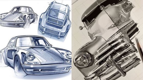 Hand-drawn vintage car sketches and realistic chrome classic car illustration side by side.