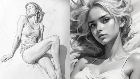 Black and white illustrations of a woman in a relaxed pose and a detailed portrait with flowing hair.