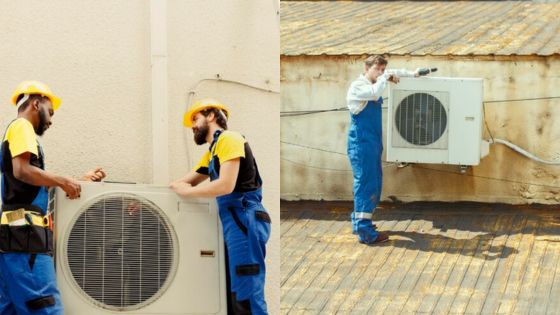 Two HVAC technicians working on air conditioning units, one on the left panel and one on the right panel.