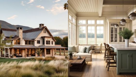 Modern farmhouse exterior and interior featuring an open kitchen with large windows, green cabinets, and cozy seating area.