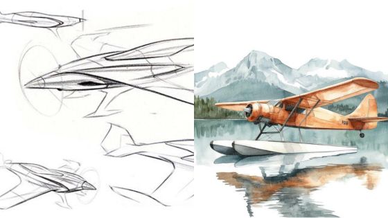 Concept sketch of an aircraft and a watercolor painting of an orange floatplane on a lake with mountains in the background.