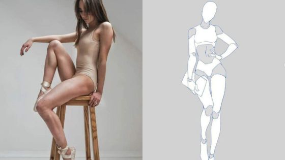 Ballerina in beige leotard on stool, illustrated dancer pose; ballet dance art comparison.