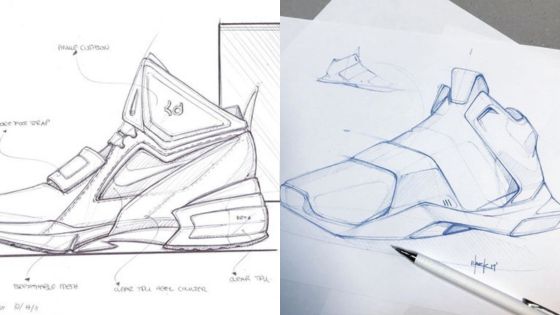 Hand-drawn sneaker designs showcasing innovative features and detailed elements with a pen highlighting the sketches.