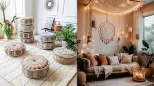Bohemian-style living room decor with colorful poufs, dreamcatchers, plants, string lights, and cozy seating arrangements.