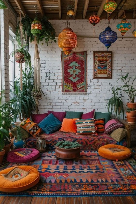 Bohemian living room with vibrant colors, patterned cushions, hanging plants, and eclectic lanterns, creating a cozy, artistic vibe.