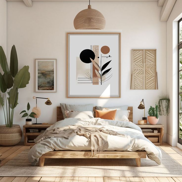 Modern bedroom with wooden furniture, houseplants, and abstract wall art, illuminated by natural light from large window.