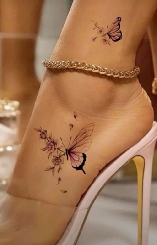 Butterfly tattoo on ankle, high heels, gold anklet, delicate floral design. Enhancing beauty and elegance.