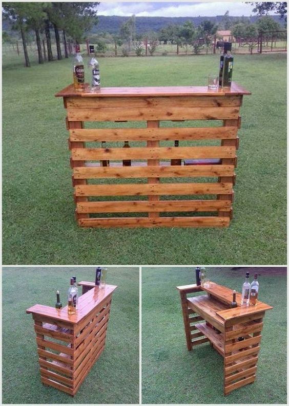 DIY wooden pallet bar with bottles on top, placed in an outdoor green field with various views of the bar from different angles.