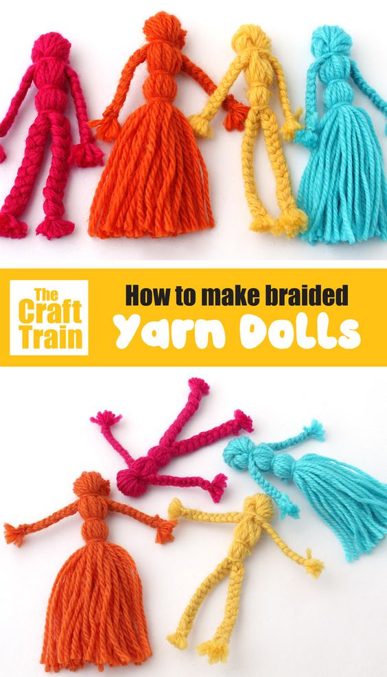 Colorful braided yarn dolls tutorial by The Craft Train, teaching step-by-step guide to make DIY yarn dolls.