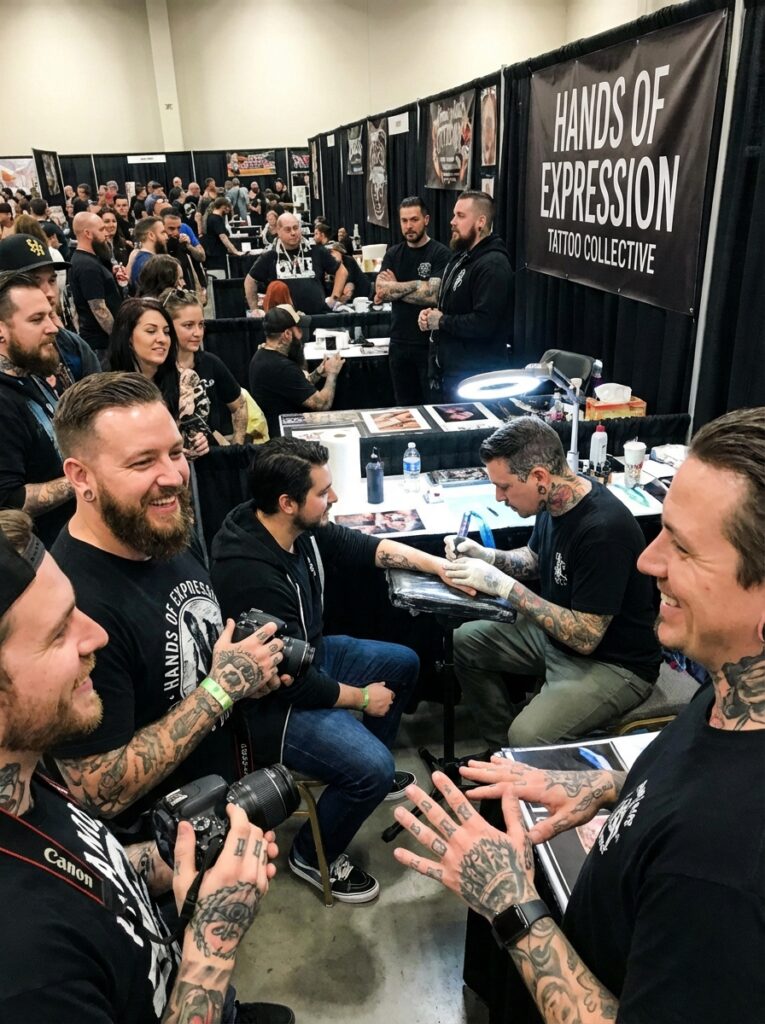 ai-photo-studio-1766759692555-2 Tattoo artists at a convention booth engaged with attendees, showcasing tattoo designs and techniques, with the Hands of Expression banner above. | Sky Rye Design Tattoo artists at a convention booth engaged with attendees, showcasing tattoo designs and techniques, with the Hands of Expression banner above.