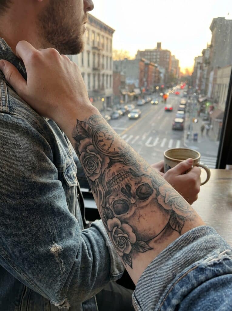 ai-photo-studio-1766760070473-1 Man with skull and rose tattoo on arm, wearing denim jacket, enjoying coffee at sunset in urban setting. | Sky Rye Design Man with skull and rose tattoo on arm, wearing denim jacket, enjoying coffee at sunset in urban setting.