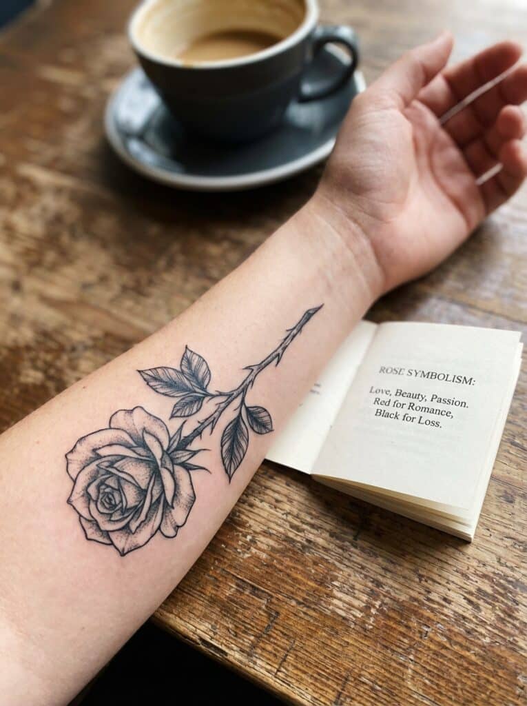 ai-photo-studio-1766760117135-2 Rose tattoo on an arm beside a book about rose symbolism, with a cappuccino on a wooden table in the background. | Sky Rye Design Rose tattoo on an arm beside a book about rose symbolism, with a cappuccino on a wooden table in the background.