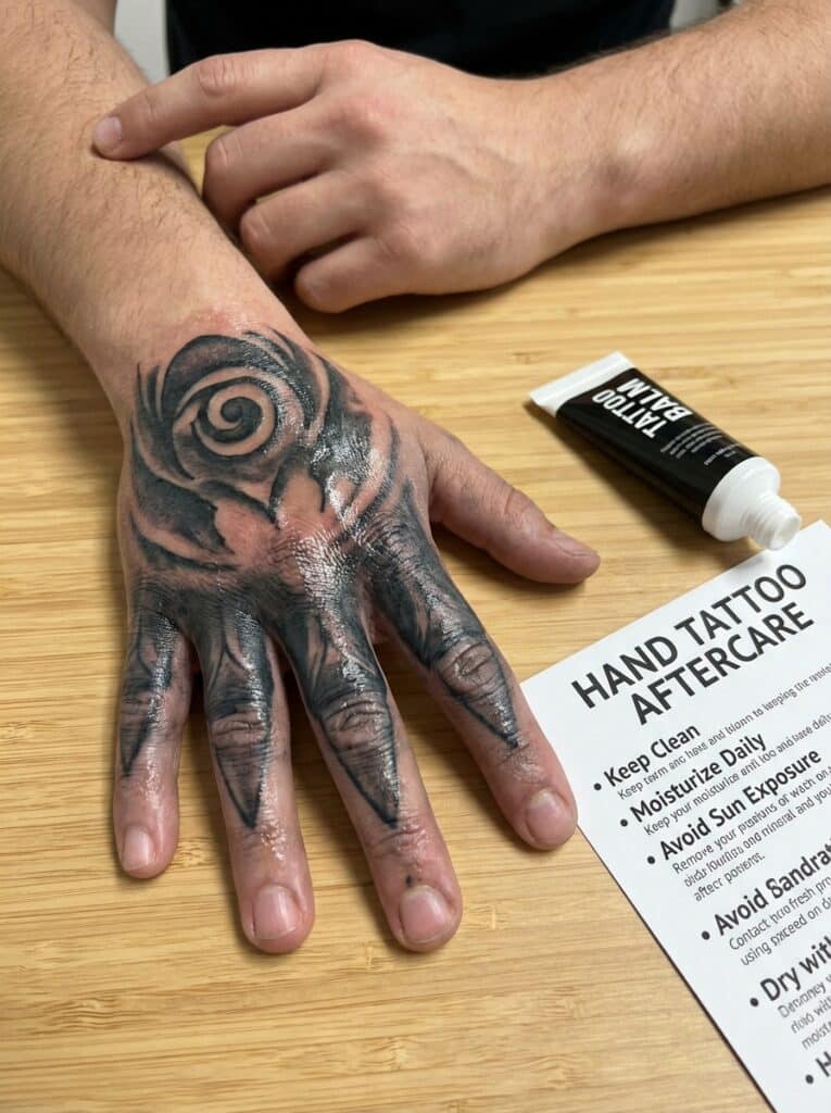 ai-photo-studio-1766760415103-1 Hand tattoo with spiral design, paired with tattoo balm and aftercare instructions on a wooden surface. | Sky Rye Design Hand tattoo with spiral design, paired with tattoo balm and aftercare instructions on a wooden surface.