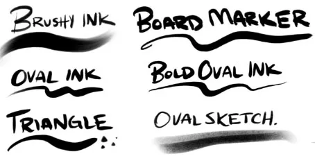 Handwritten text showcasing different brush stroke styles: Brushy Ink, Oval Ink, Triangle, Board Marker, Bold Oval Ink, Oval Sketch.