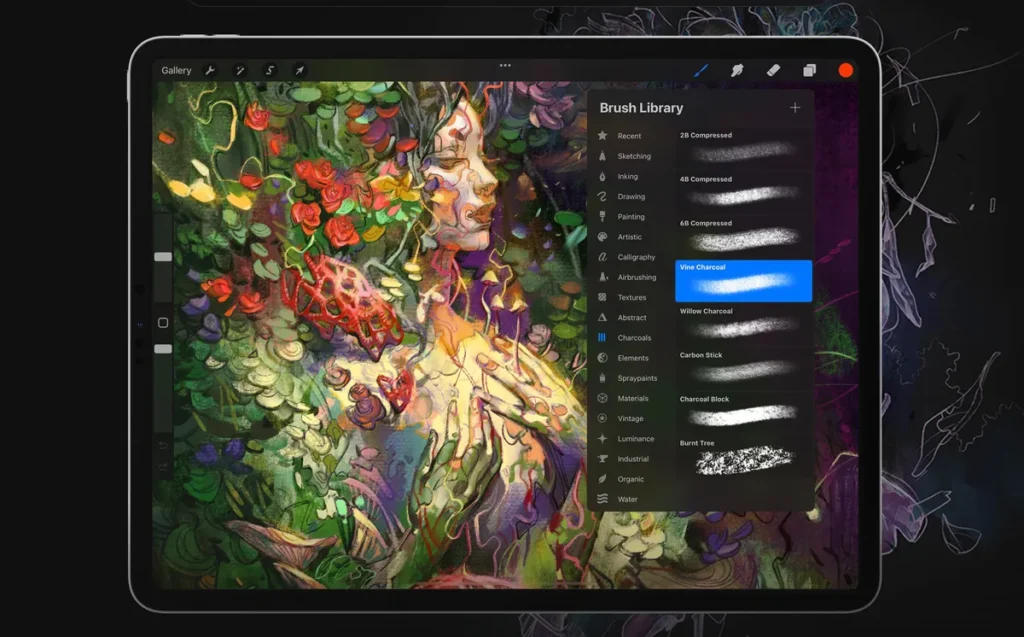 Digital art creation on a tablet with a vibrant colorful floral background and brush library selection menu highlighted.