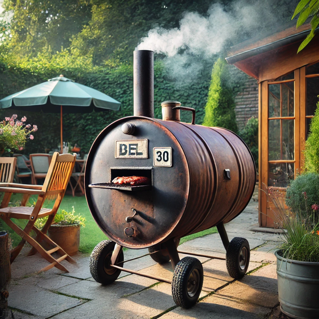 Vintage backyard smoker grill with smoke billowing, cooking meat on patio beside wooden table and green garden.