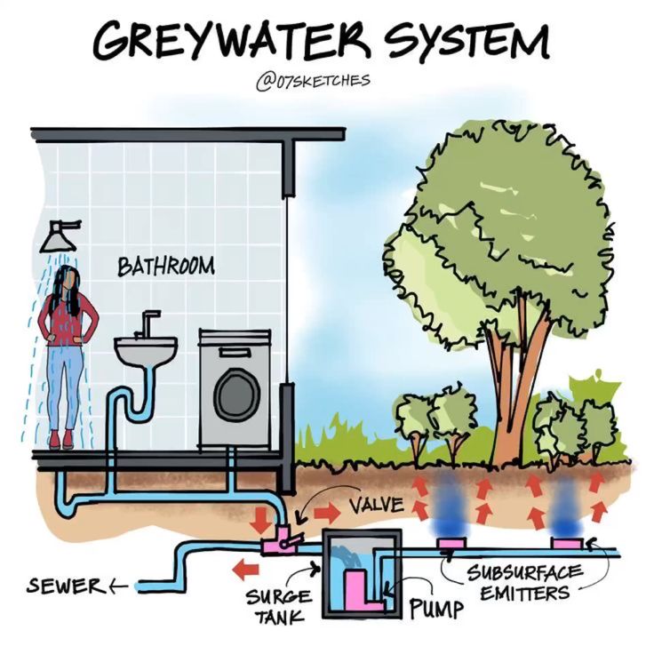 Diagram of a greywater system recycling water from the bathroom to irrigate trees via a valve, surge tank, pump, and emitters.