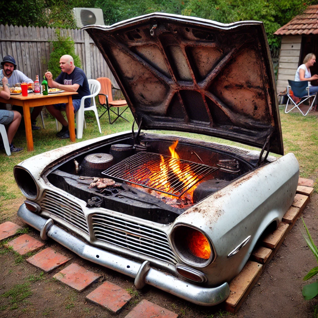 Creative BBQ grill made from a vintage car front in a backyard setting with people dining nearby.