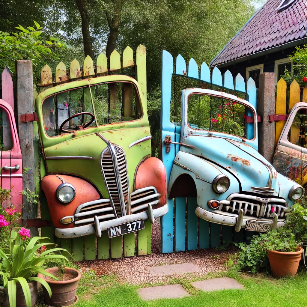 Vintage car doors turned into colorful garden fence in a quaint yard with flowers, trees, and a house in the background.