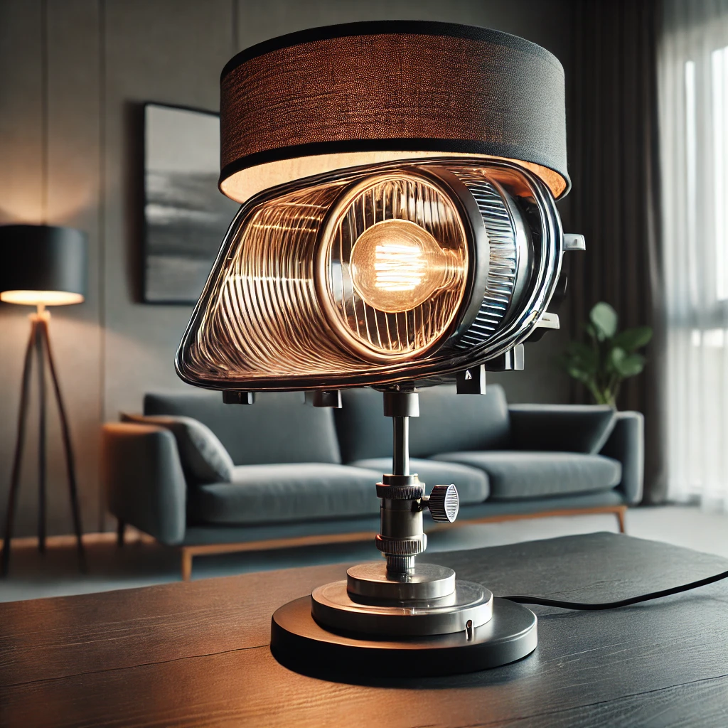 Industrial table lamp made from a car headlight on a modern metal base, illuminating a stylish living room setting.