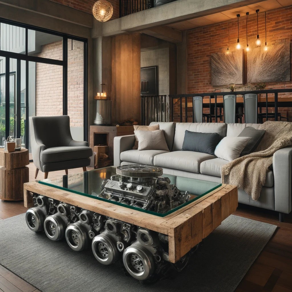 Stylish industrial-style living room with engine-themed coffee table, gray sofa, and modern decor accents.