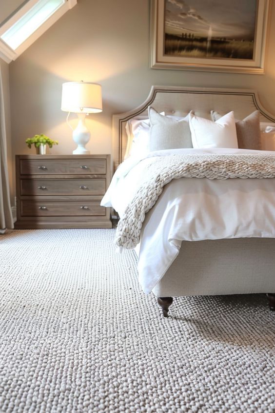 Elegant bedroom with cozy beige bedding, soft carpet, wooden dresser, and warm bedside lamp under natural skylight.