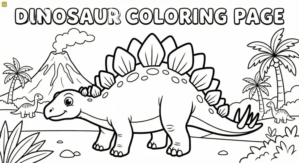 coloring page Dinosaur coloring page with stegosaurus and volcano. Fun printable activity for kids to explore prehistoric times. | Sky Rye Design Dinosaur coloring page with stegosaurus and volcano. Fun printable activity for kids to explore prehistoric times.