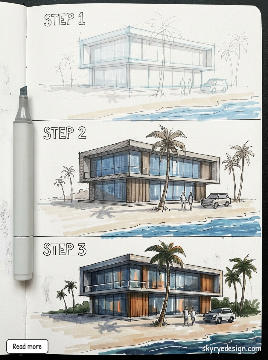 Sketchbook showing Step 1–3 marker renderings of a modern two-story beachfront house with palm trees, car and water.