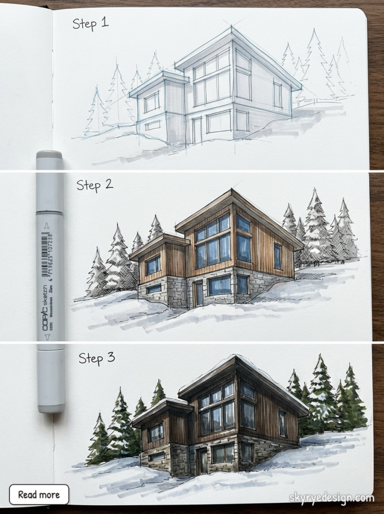 Step-by-step architectural sketch progression of a modern wood-and-stone mountain cabin in snow, showing pencil to full-color marker rendering.