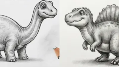 Cute pencil sketches of friendly dinosaurs, featuring a long-necked sauropod and a spiky-backed theropod, perfect for kids' art.