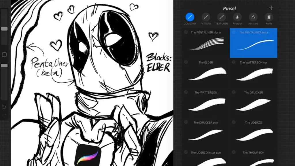 Digital illustration software showing brush presets next to a sketch of a superhero with the PENTALINER beta.