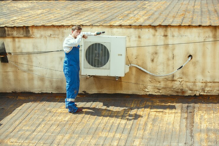 HVAC technician servicing rooftop air conditioning unit on a sunny day.