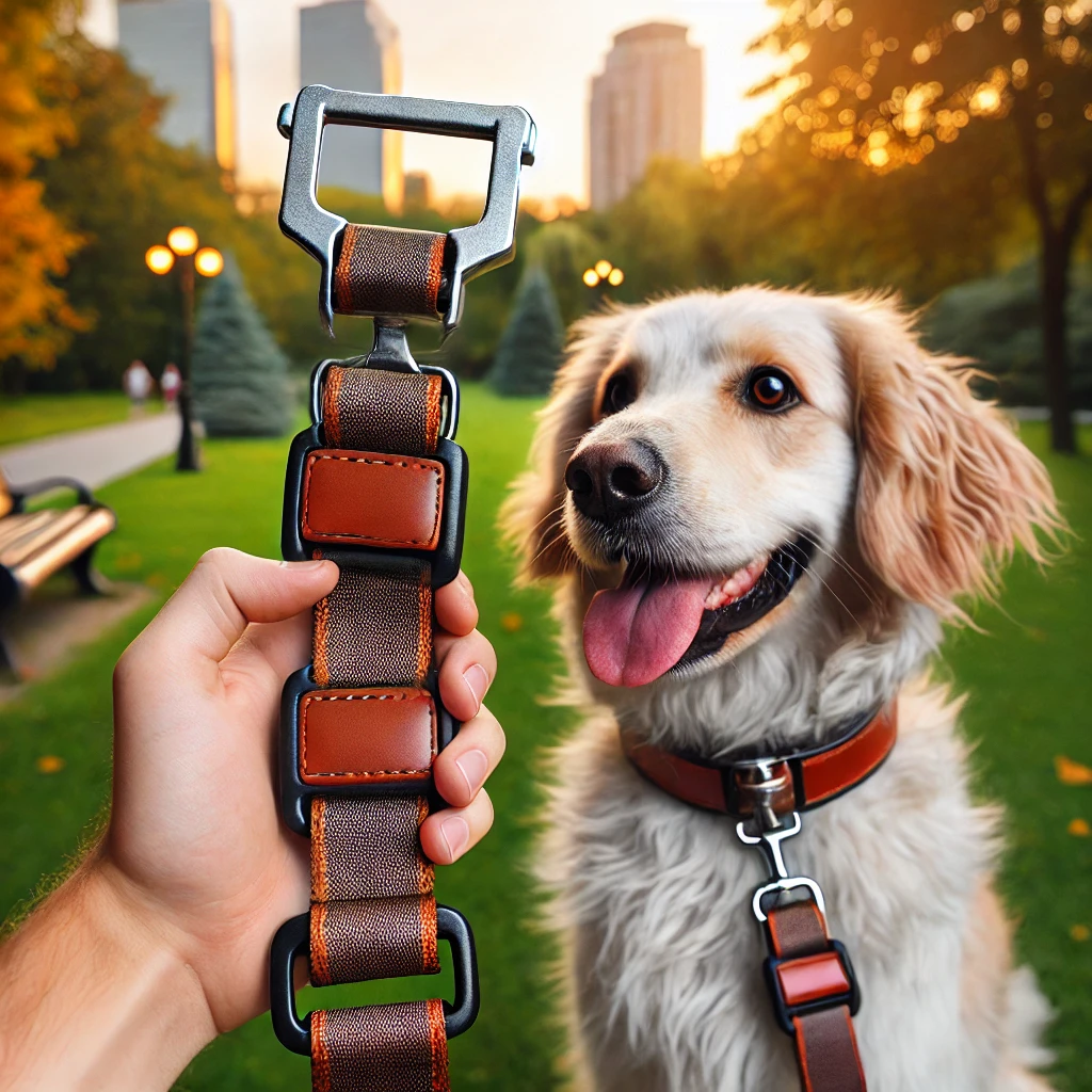 Golden retriever puppy on a leash, enjoying a walk in a park with green trees and skyscrapers in the background.