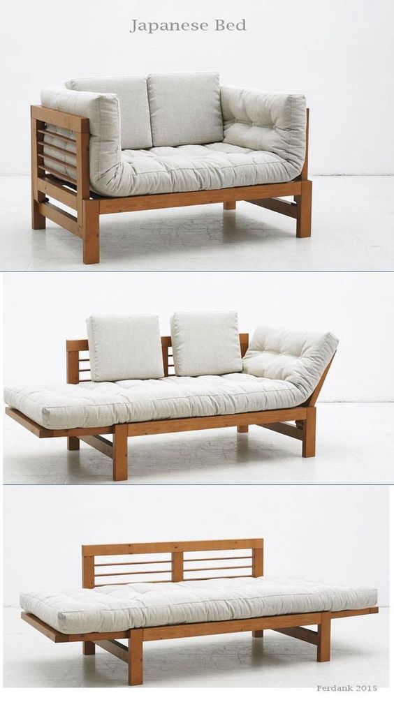 Convertible Japanese wooden bed-sofa with beige cushions in three configurations: sofa, lounge, and bed. Minimalist design.