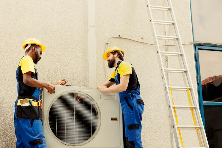 Two HVAC technicians install an air conditioning unit outside a building, wearing safety gear and blue overalls.