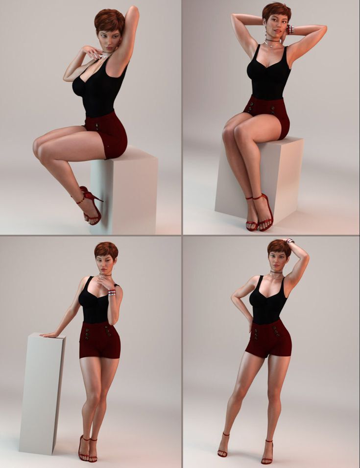 Four poses of a fashion model wearing a black top, red shorts, and high heels, highlighting different angles and expressions.