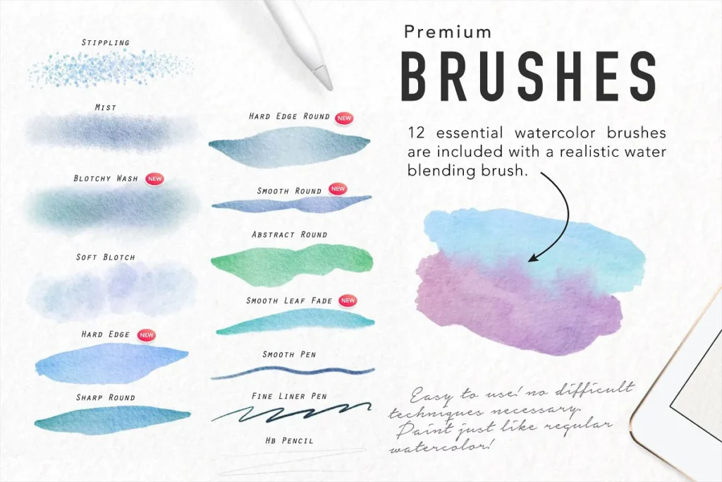 Premium watercolor brushes set, featuring 12 realistic styles including stippling, abstract round, and smooth pen effects.