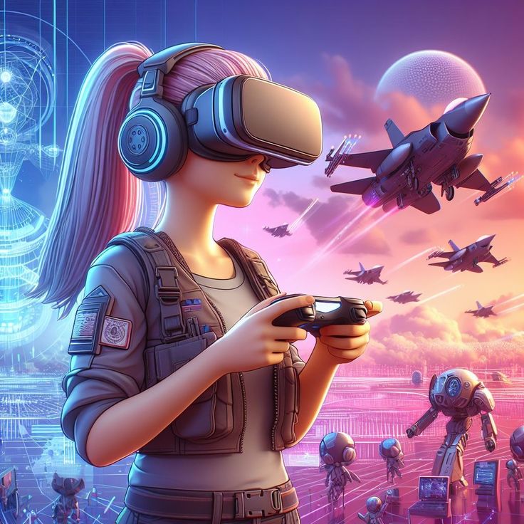 Woman in VR headset playing flight simulation game with fighter jets and robots in futuristic landscape.