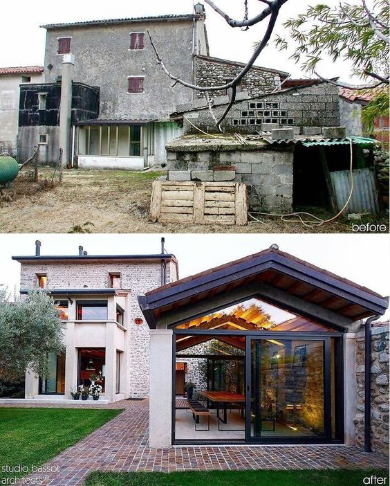 Renovation transformation of an old deteriorated house into a stylish modern home with large windows and outdoor space.