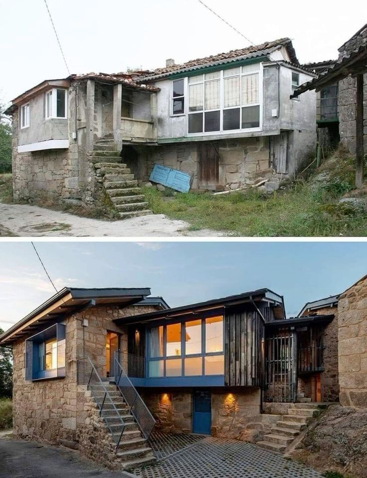 Before and after renovation of an old stone house, transforming from dilapidated to modern rustic charm with large windows and blue accents.