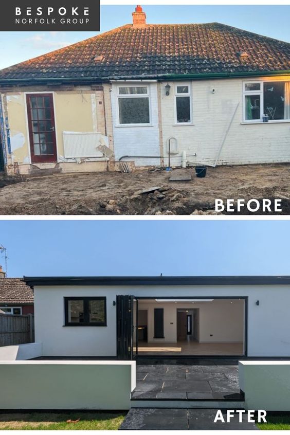 Home renovation before and after - Bespoke Norfolk Group transforms exterior of old house with modern design and sleek finish.