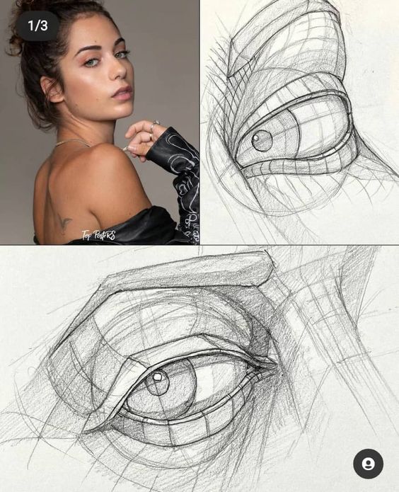 Portrait of a woman with sketches of an eye, displaying artistic techniques and detailed pencil drawings.