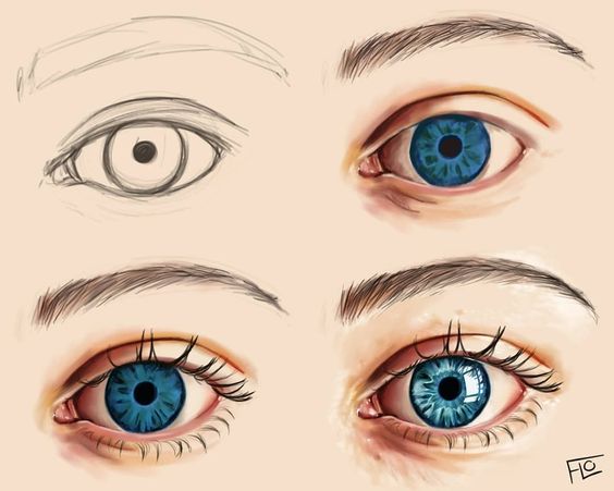 Step-by-step digital drawing of a blue eye, showcasing artistic progression from sketch to realistic render.