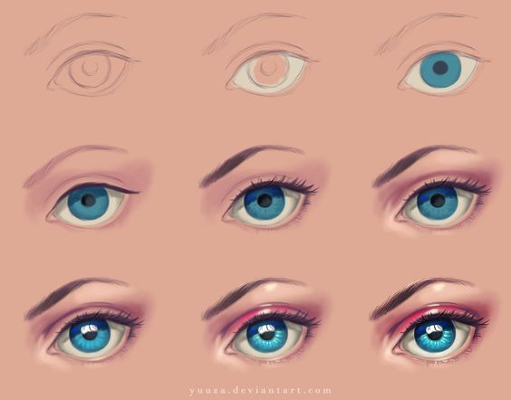 Step-by-step digital art tutorial showing how to draw and shade realistic blue eyes from sketch to complete drawing.