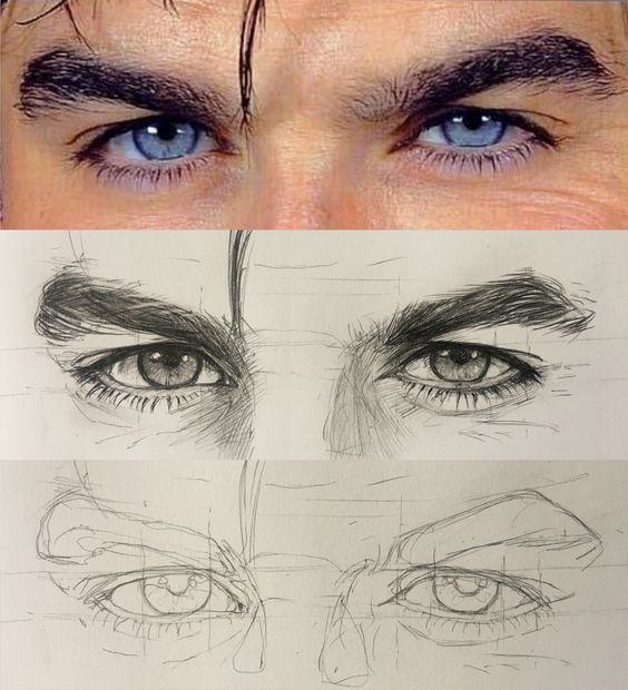 Three-stage drawing of blue eyes, showing progress from initial sketch to detailed realistic completion.