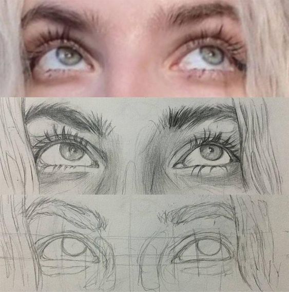 Step-by-step eye drawing tutorial: photo reference, detailed sketch, and initial outline. Realistic drawing techniques.