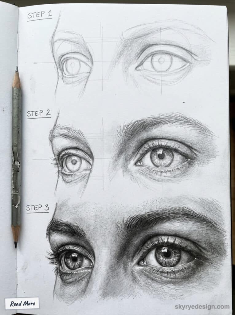 how-to-draw-eyes-1 Drawing progression of eyes in sketchbook, from basic outlines to detailed shading in three steps with a pencil. | Sky Rye Design Drawing progression of eyes in sketchbook, from basic outlines to detailed shading in three steps with a pencil.