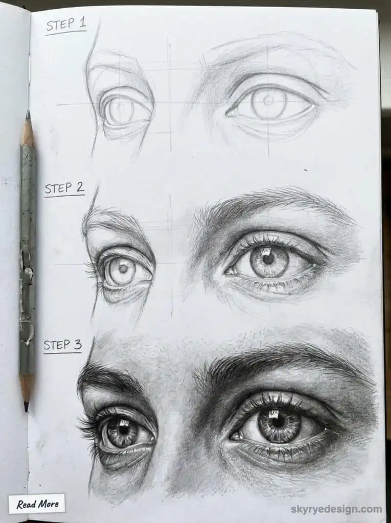 Drawing progression of eyes in sketchbook, from basic outlines to detailed shading in three steps with a pencil.