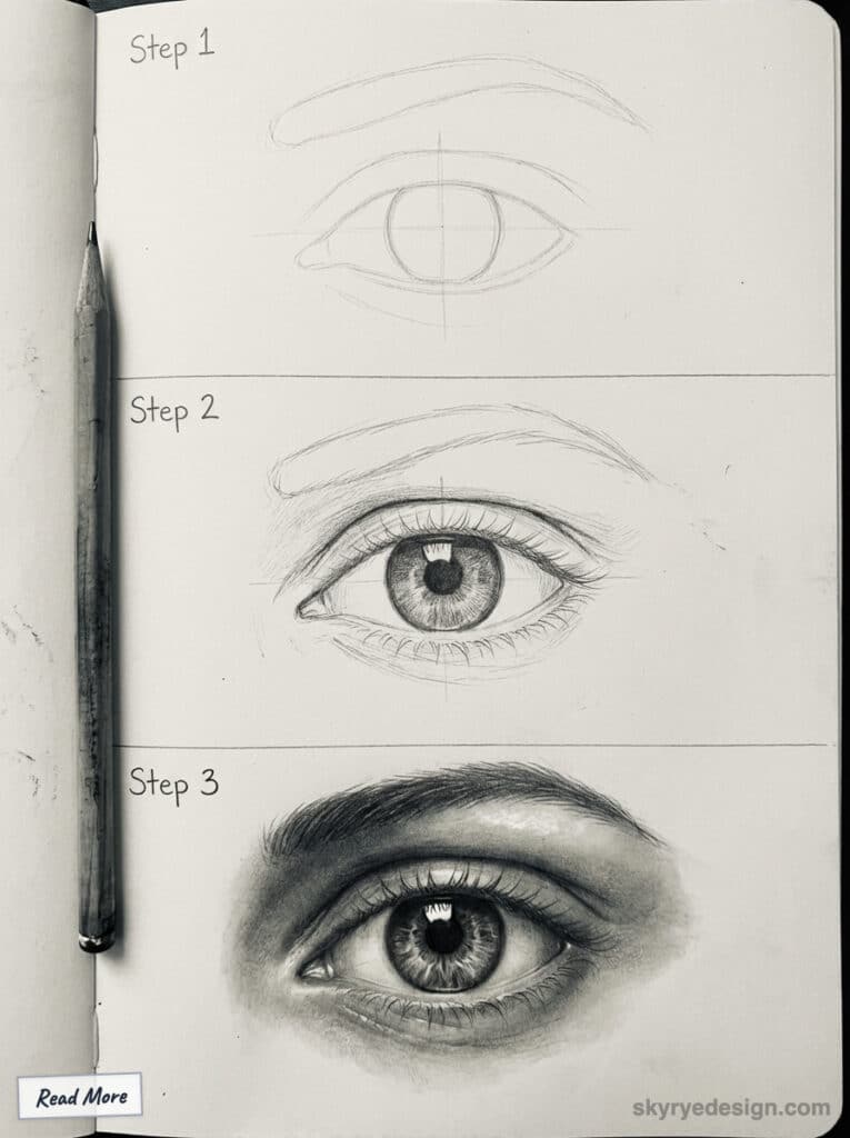 how-to-draw-eyes Step-by-step pencil drawing tutorial of a realistic eye, with progressive detailing from outline to shading, next to a | Sky Rye Design Step-by-step pencil drawing tutorial of a realistic eye, with progressive detailing from outline to shading, next to a