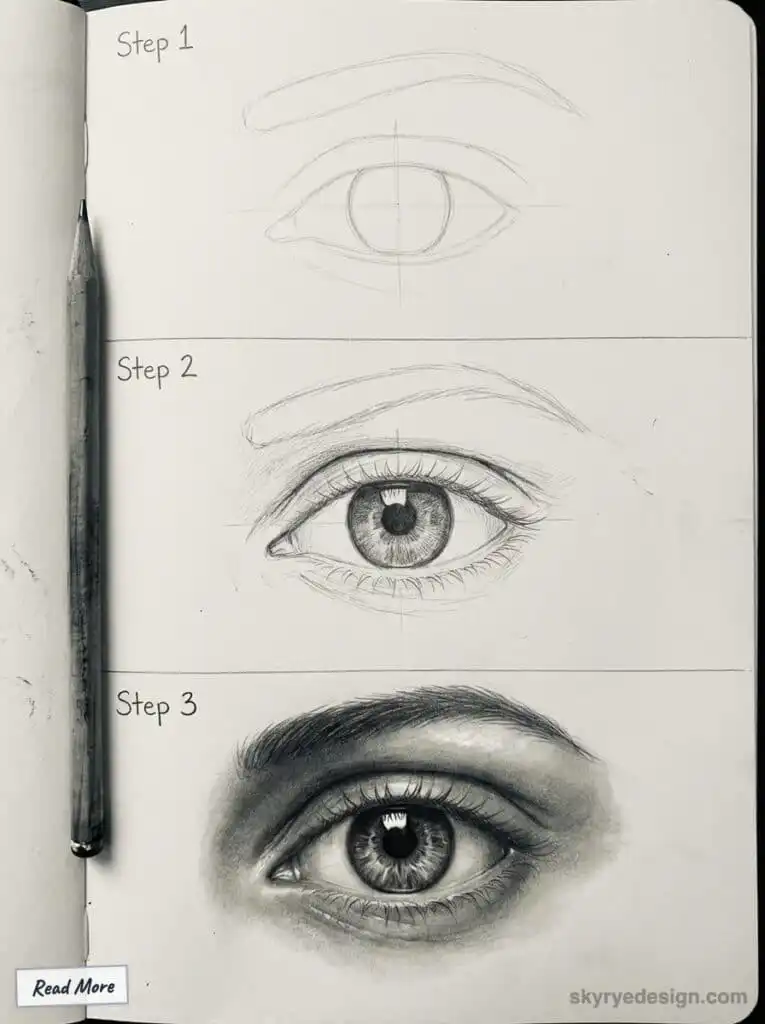 Step-by-step pencil drawing tutorial of a realistic eye, with progressive detailing from outline to shading, next to a